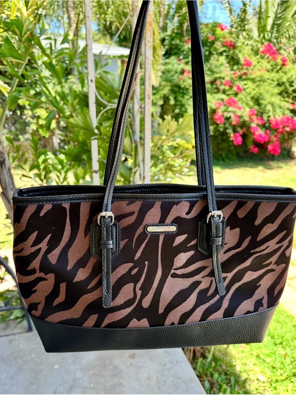DANA BUCHMAN Animal-Print Brown and Black Tote Bag with Black Trim